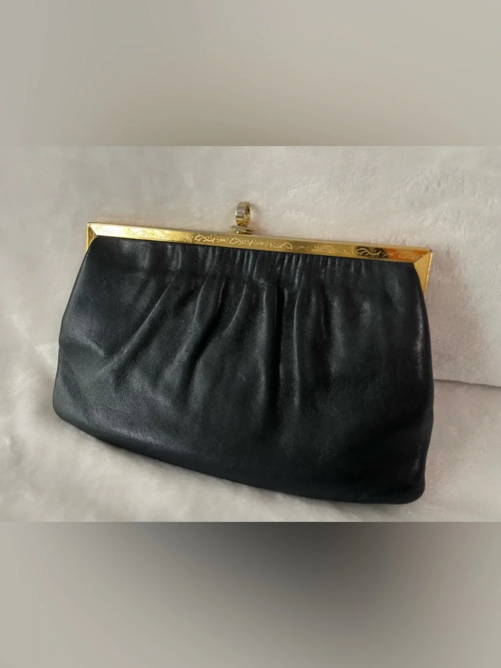 Vintage Etra Genuine leather black clutch hand bag purse gold with filigree